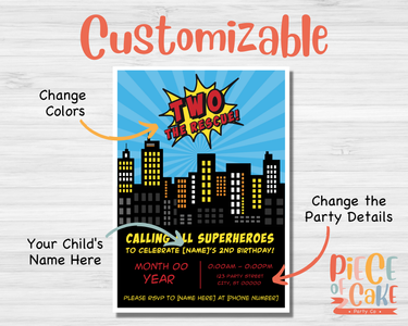 Photo showing which parts of the "Two the Rescue" superhero-themed invitation can be customized.