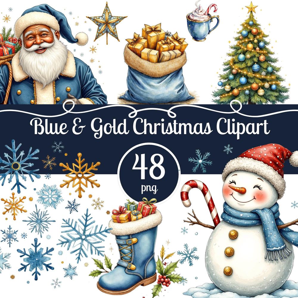 Blue & Gold Watercolor Christmas Clipart – 48 PNGs – African...