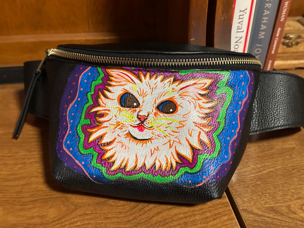 Hand painted Louis Wain style cat belt bag