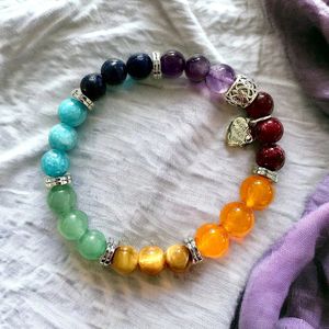 7" - Ruby red jade, orange jade, golden tiger eye, green aventurine, angelite, lapis, amethyst, and hematite