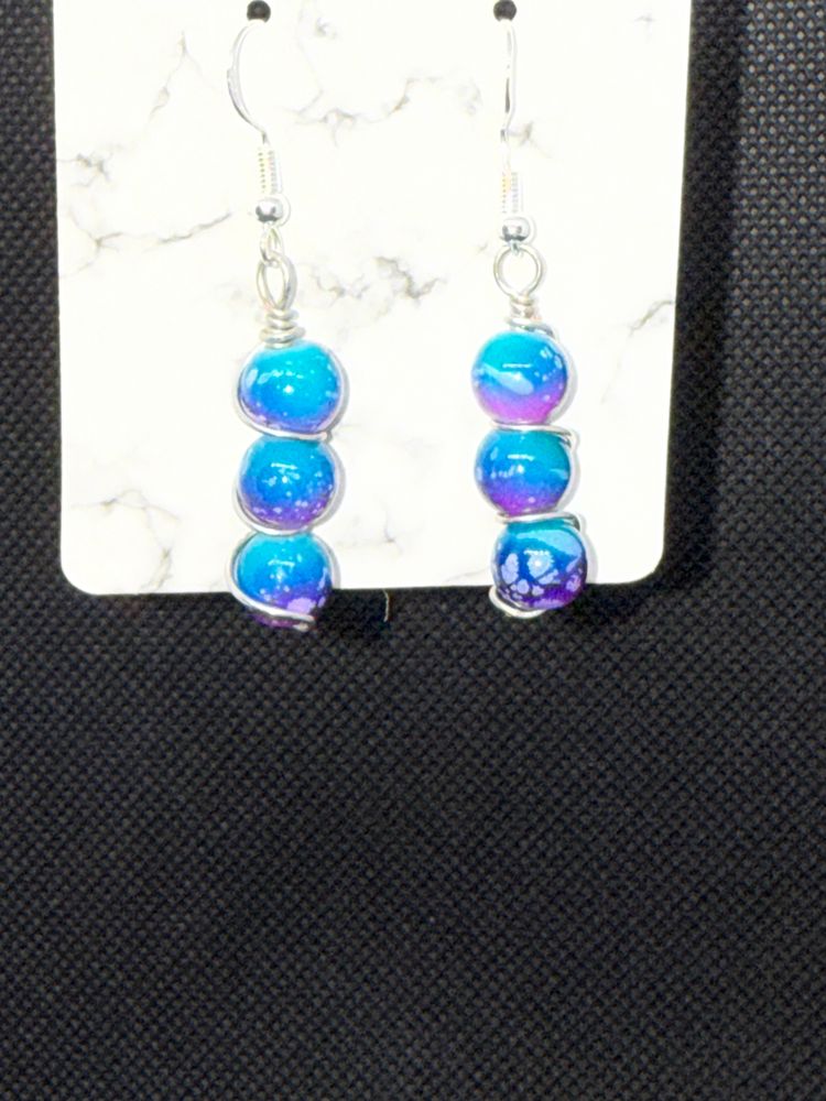 Blue & Purple Wire Wrapped Sphere Dangle Earrings 