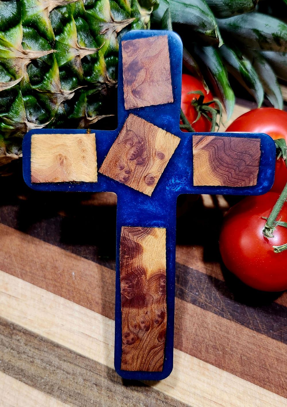 Cross- Old Growth Redwood Burl and Ocean Blue Resin