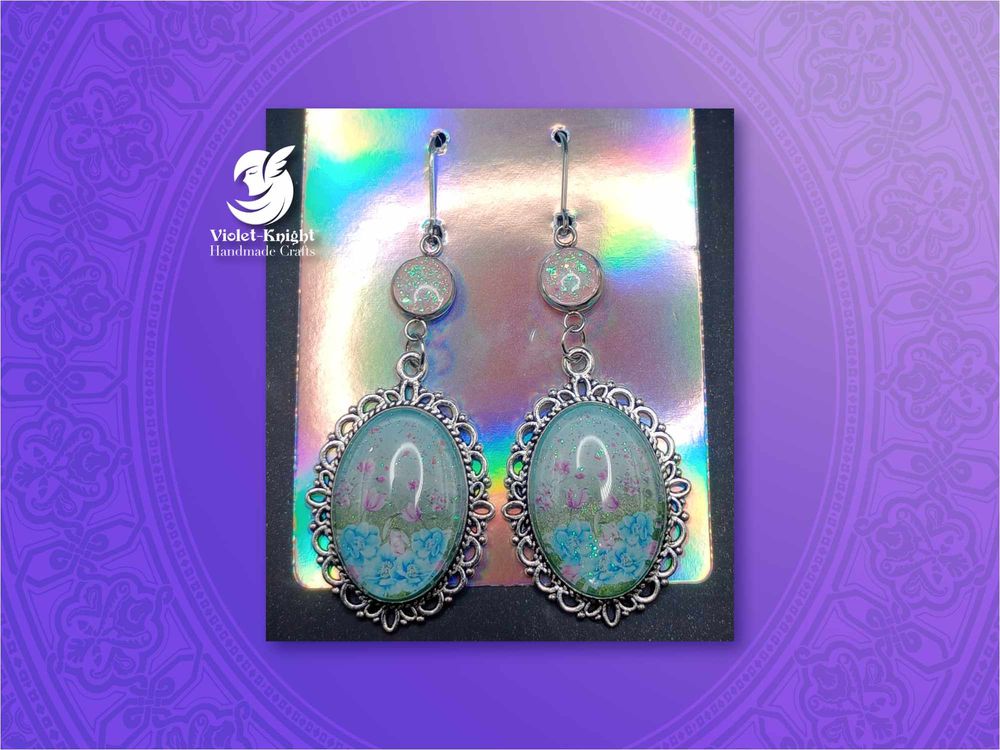  Vintage Style Blue and Green Floral Pendant Earrings with H...