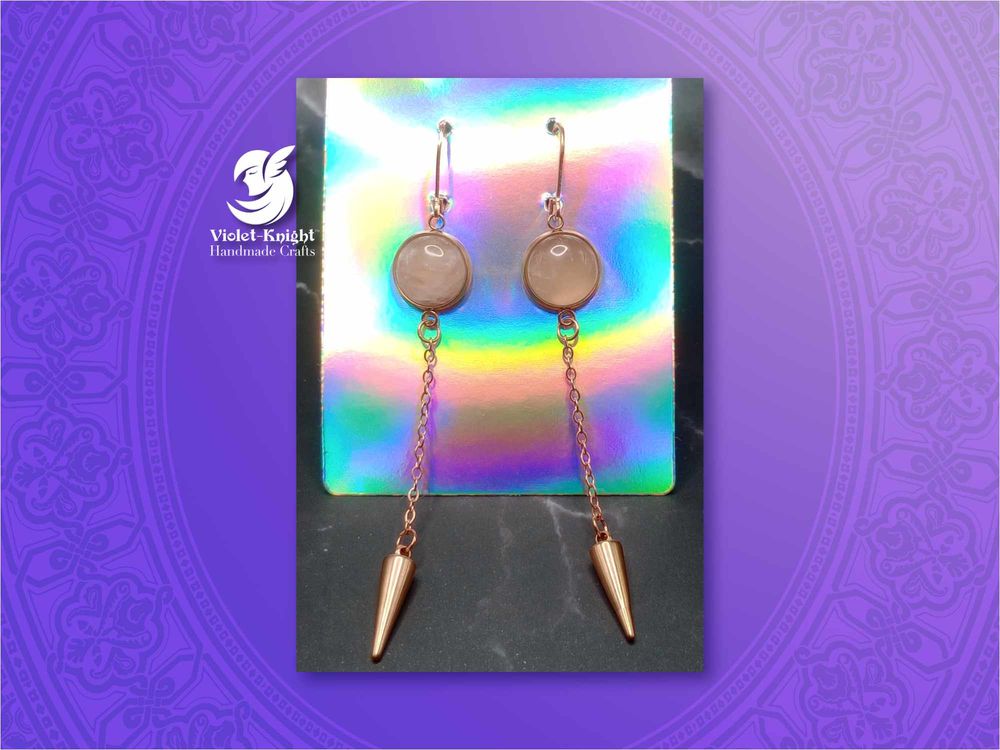  Rose Crystal Quartz Gemstone Cabochon Spike Dangle Earrings...