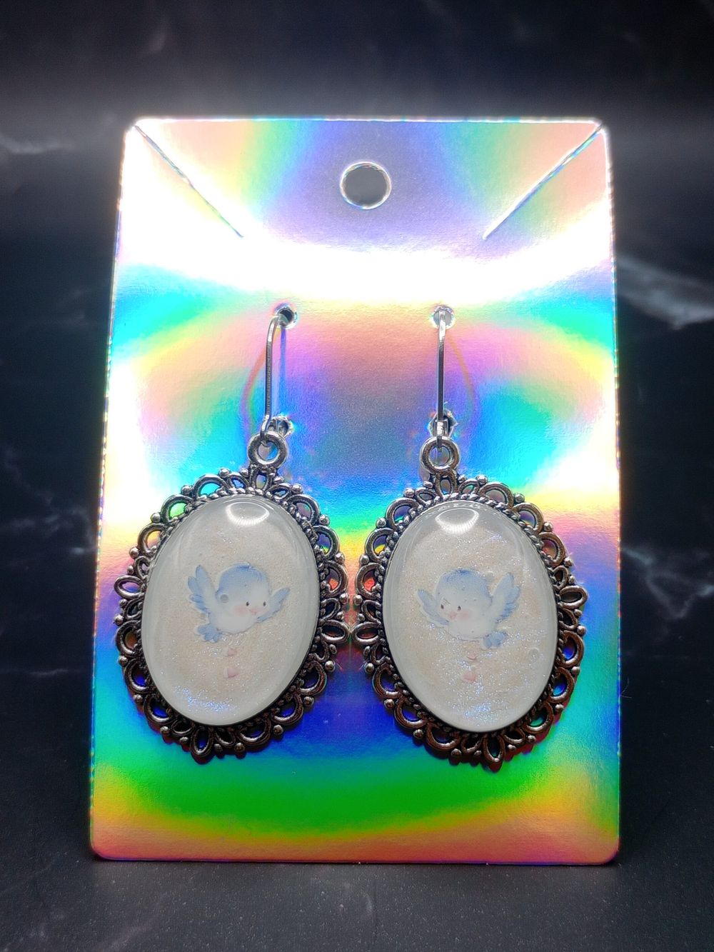  Vintage Style Bluebird Heart Pendant Earrings on White Pear...