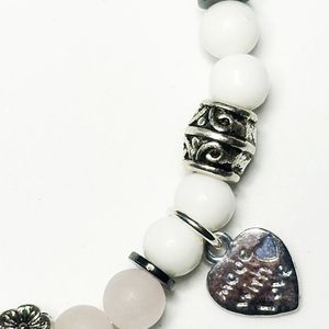 7", rose quartz, black obsidian, snow jade, and hematite with base metal spacers