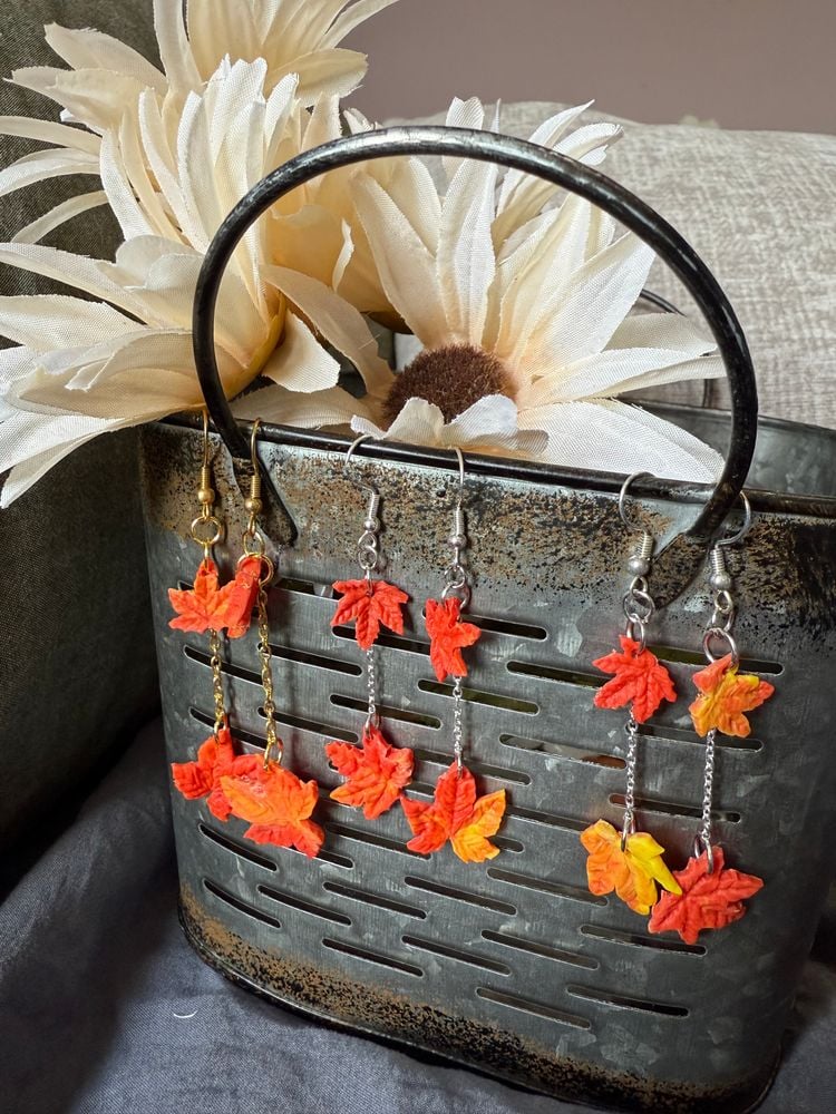 Autumn Leaf Dangle Earrings – Mismatched Fall Leaves in Red,