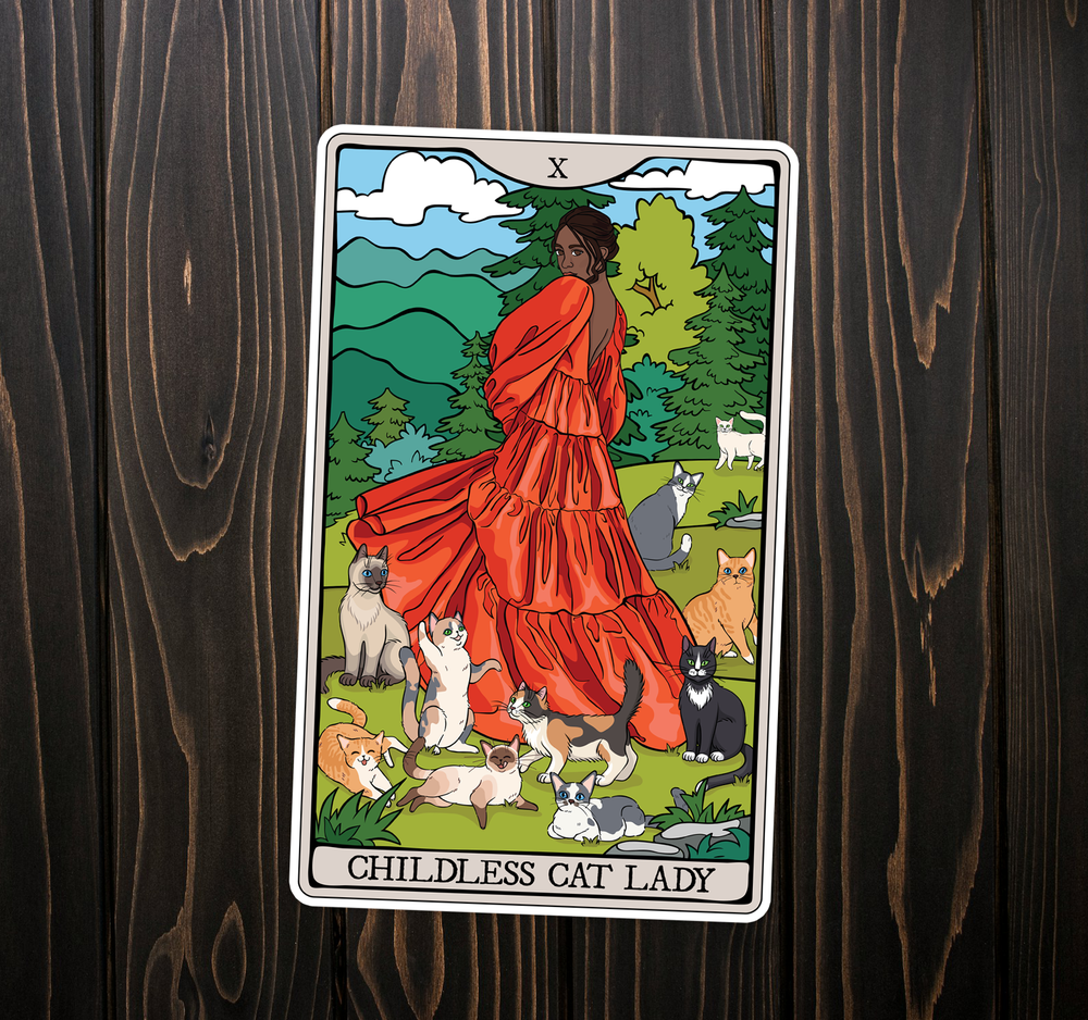 Childless Cat Lady Tarot Card Sticker - POC Dark Skin