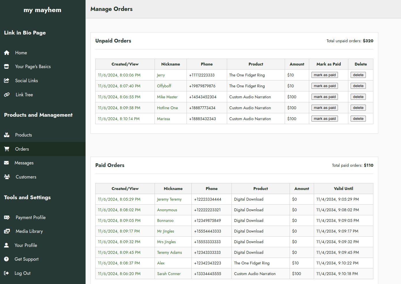 Order management dashboard